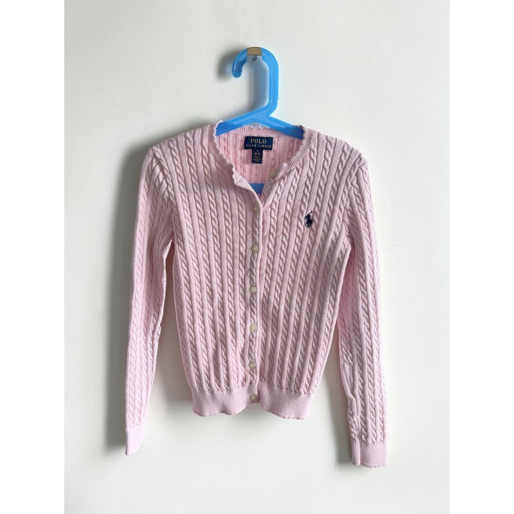 Polo Ralph Lauren Girls Pink Cable Knit Cardigan Sweater Size M 8-10 Navy Pony